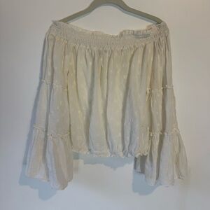 Zara White Off Shoulder hippie gypsy flare Sleeve Top Blouse M cotton embroidery